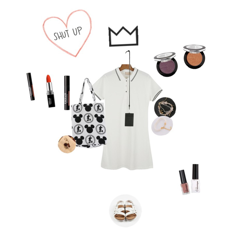 데일리먼데이 Two line collar one-piece,데일리먼데이 Honeycomb sandals[샌들,신발,슈즈],Rough & Detail disney shopper, bag등을 매치한 코디