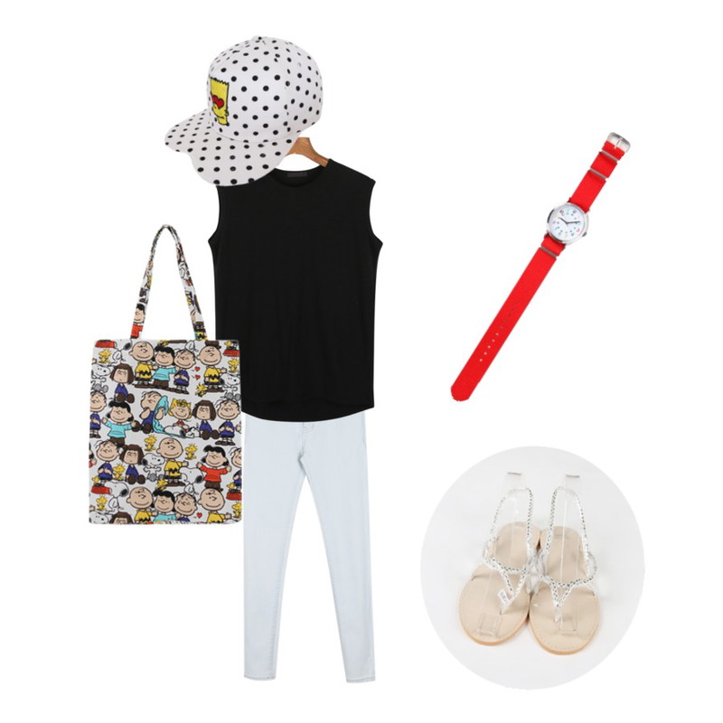 데일리먼데이 Pure sky blue skinny pants,데일리먼데이 Lala sporty sleeveless[슬리브리스,나시,기본나시,여름나시,컬러나시,슬라브],데일리먼데이 Shine coco string sandals[샌들,뱀피,기본샌들,여름슈즈,비치샌들]등을 매치한 코디