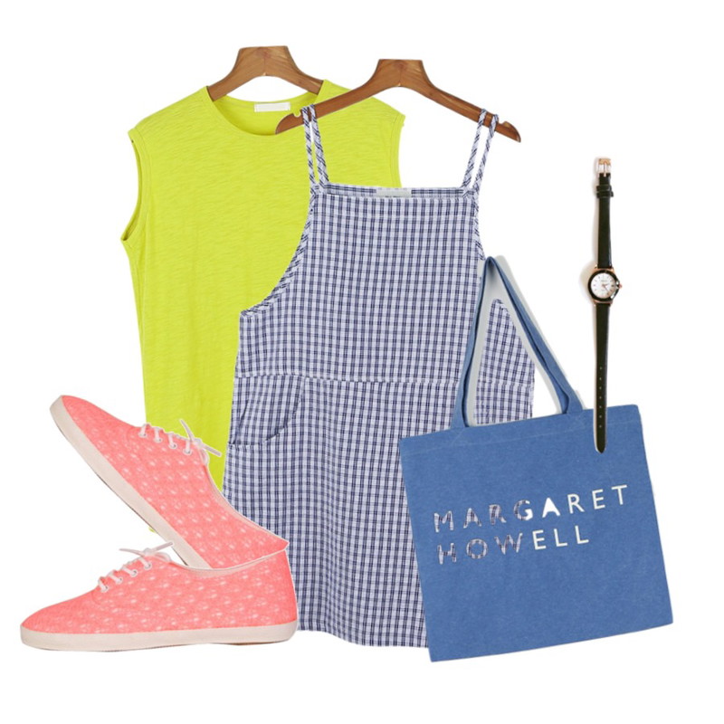 daily monday Margaret linen bag,daily monday Lala sporty sleeveless[슬리브리스,나시,기본나시,여름나시,컬러나시,슬라브],daily monday two way chek one-piece[체크,원피스,소녀감성,네추럴,박시핏,오버롤,멜빵]등을 매치한 코디