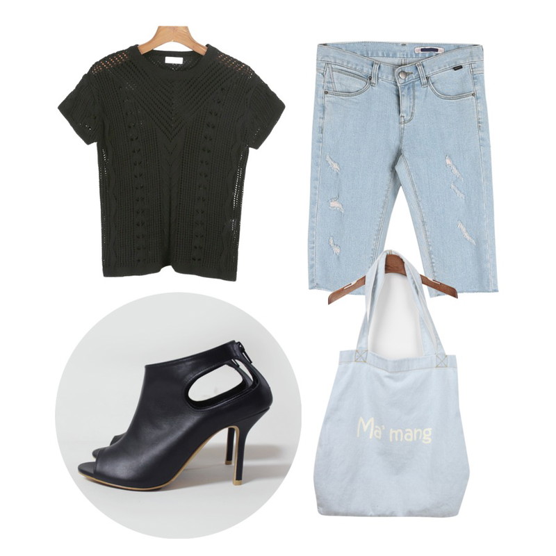 daily monday Unique pattern see-through knit,daily monday Bullet damage cutting pants[5부팬츠,스키니,연청,청바지,데미지진,여자청바지,여자스키니],Prost J 피팅슈즈) 250등을 매치한 코디