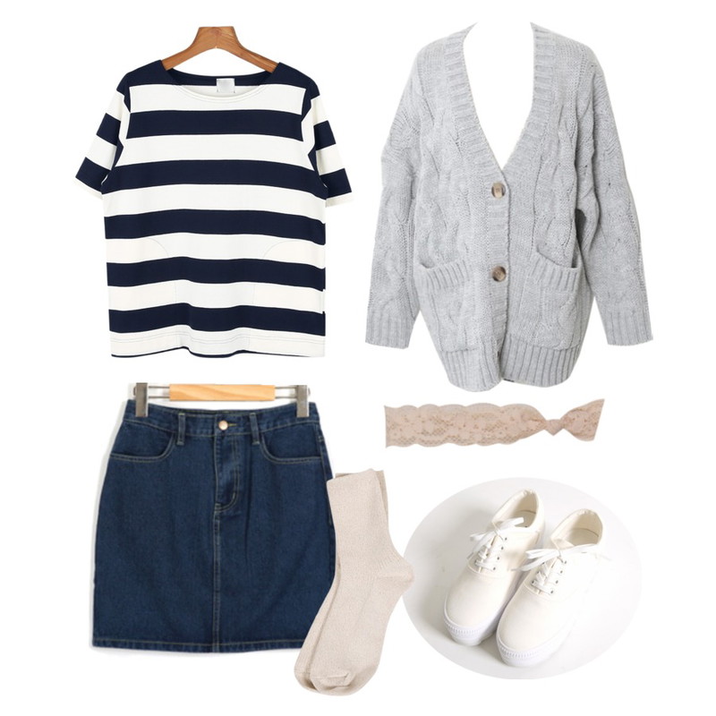 Rough & Detail 5컬러_꽈배기 브이넥 CD,YOU & ME Date denim skirts,daily monday Big stripe poket tee[스트라이프,포켓티,반팔티,반팔,단가라]등을 매치한 코디