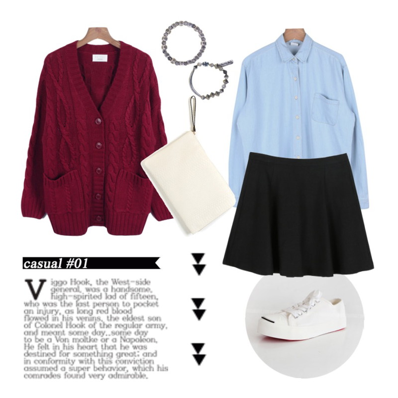 daily monday Warm twisted cardigan,daily monday Long outer denim shirt,MONOBARBIE [RL0612] 퍼셀린White/Beige/Khaki/Black 2.6cm등을 매치한 코디