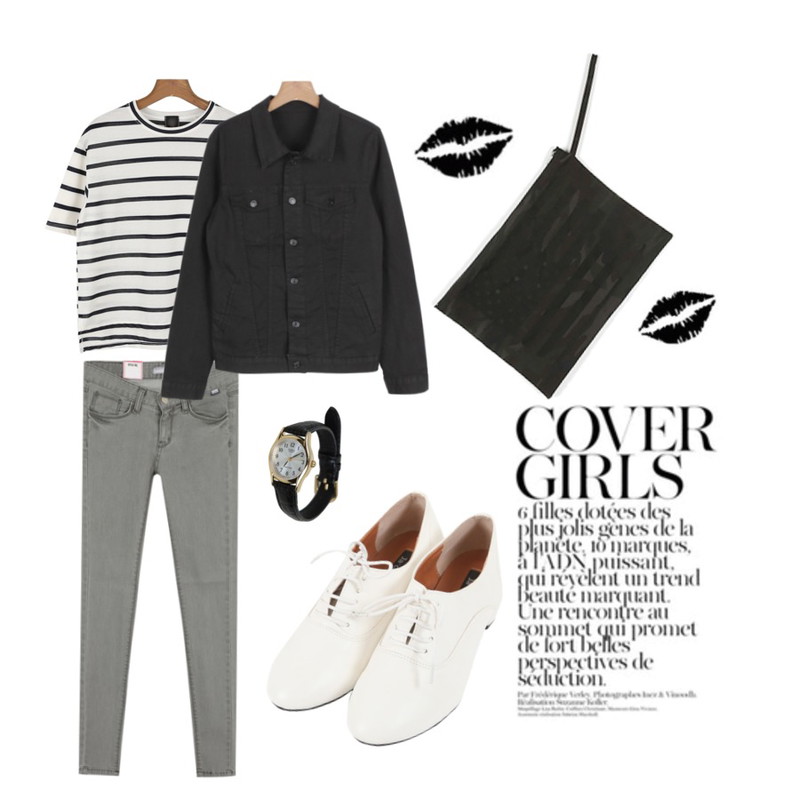 daily monday high-quality stripe tee,BROWNBUNNY CASIO 클래식,daily monday Camouflage cotton clutch[카모플라주,카모,클러치,가방]등을 매치한 코디