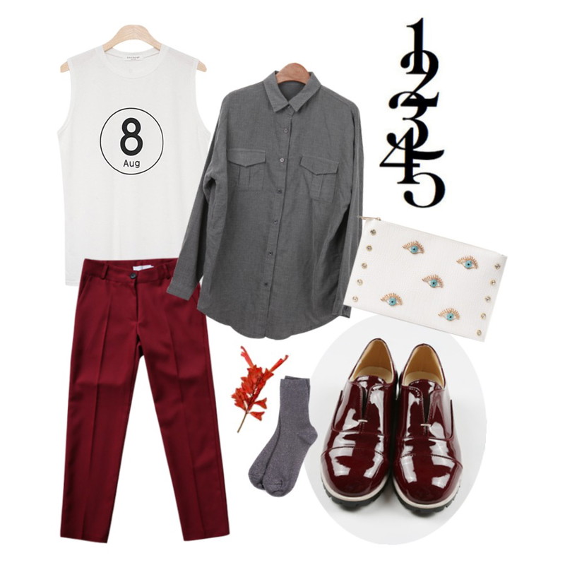 daily monday Enamel simple shoes[에나멜슈즈,에나멜,로퍼,옥스퍼드슈즈,단화,구두],Rough & Detail fall color 9bu slacks, pt,MISS PRESIDENT 어거스트 (2color)[Cami]볼드한 8 프린팅과 박시하고롱한 기장감의 슬리브리스등을 매치한 코디