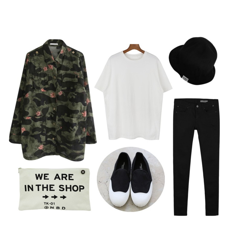 Rough & Detail jane military field, jk,daily monday Autumn color basic skinny pants[베이직스키니,스키니팬츠,컬러스키니],daily monday All night long cotton tee[코튼티,롱티,박스티,데일리,기본티]등을 매치한 코디