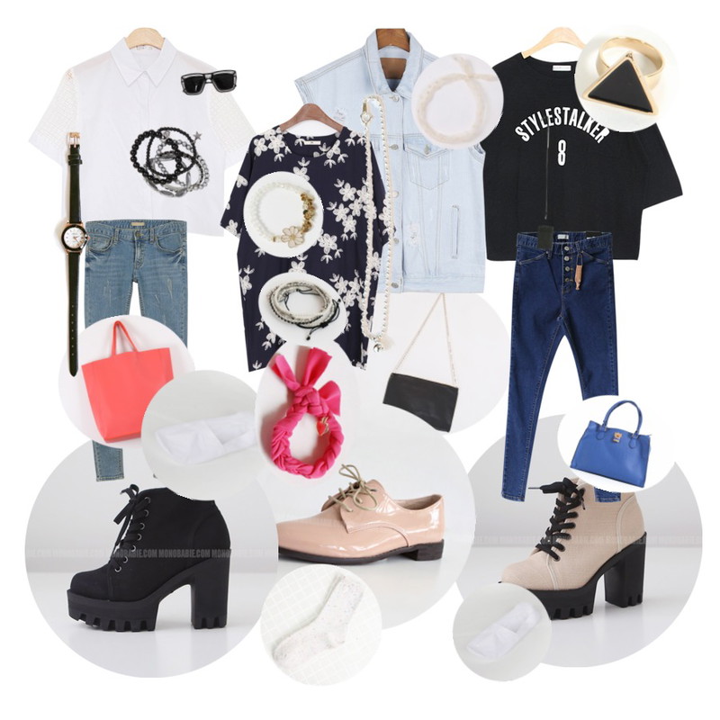 YOU & ME 엣지지퍼클러치,MONOBARBIE [RB1033] 딜렌드Beige/Black 10.3cm,MONOBARBIE [RL0669] 클래슨White/Wine/Pink/Black 2.4cm등을 매치한 코디