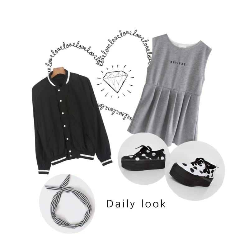14,Rough & Detail beatie, ops,MONOBARBIE [RL0639] 도트딘White/Black 5.2cm등을 매치한 코디