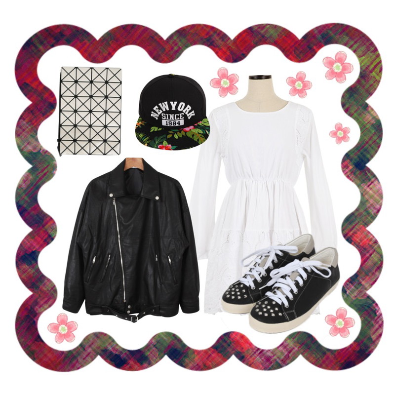 untitled,Rough & Detail girlish rose embroidery, ops,daily monday Boxy fit rider jacket등을 매치한 코디