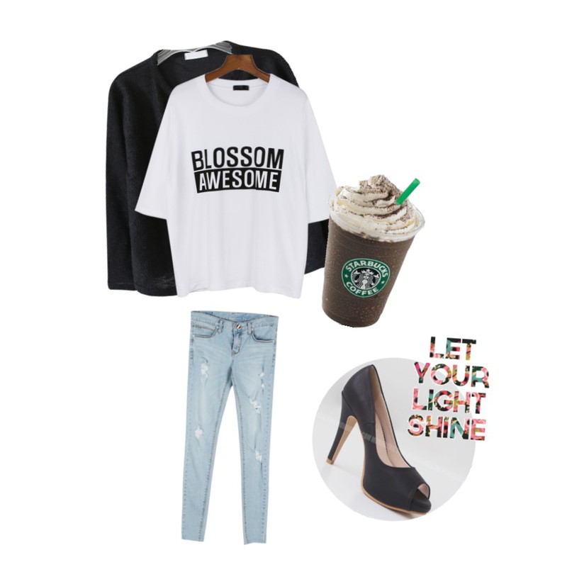 daily monday Joyful light damage pants,daily monday Blossom awesome tee[블로썸,프린트탑,프린팅,나염,반팔,포인트티,레터링],Rough & Detail mine open, cd등을 매치한 코디