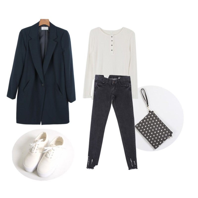 daily monday Daily minimal long jacket,YOU & ME 단추스킨티,YOU & ME 스타클러치등을 매치한 코디