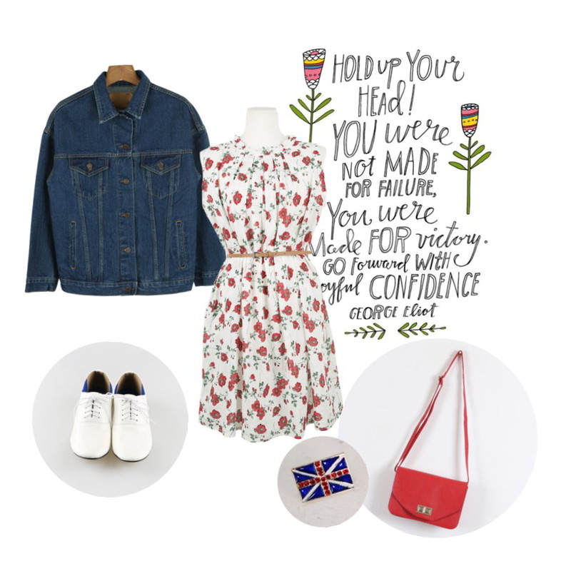 daily monday Warehouse denim jacket,daily monday Neck-frill linen flower onepiece,writing등을 매치한 코디