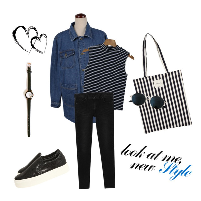 daily monday Over-fit denim yasang jacket[오버핏데님야상자켓,데님야상,청야상,야상,청자켓,데님자켓],daily monday Stripe sleeveless & cardigan,daily monday Dark vintege denim skinny[여자스키니,빈티지,워싱스키니,가을스키니,여자청바지]등을 매치한 코디
