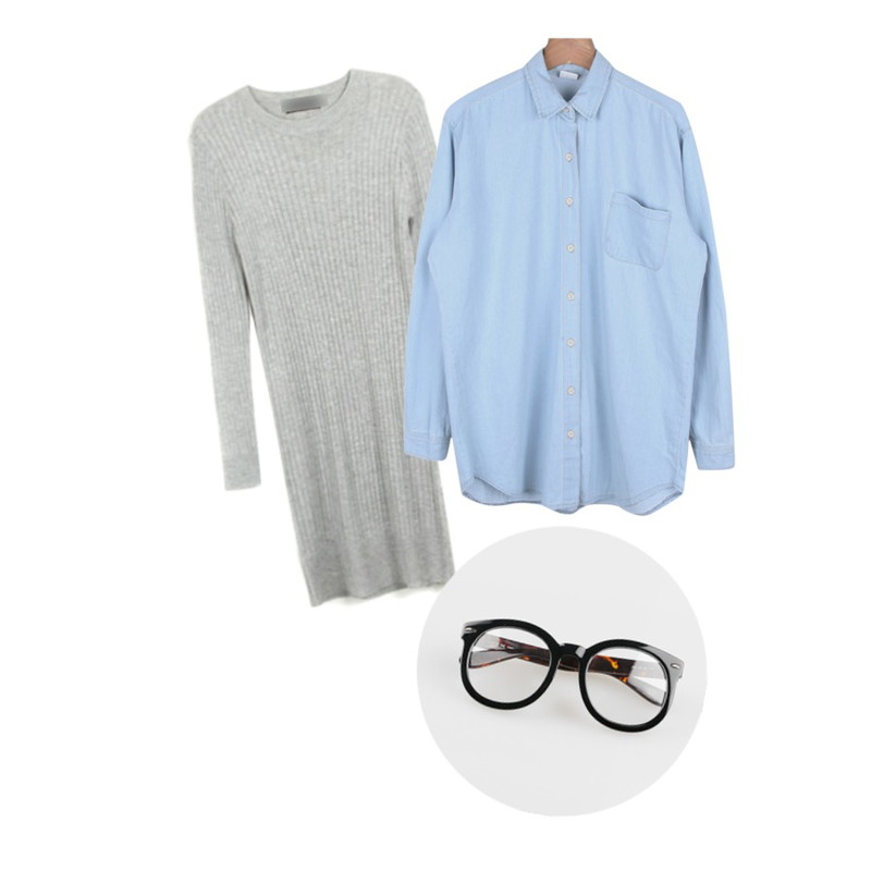 daily monday Long outer denim shirt,YOU & ME 라운드골지원피스,daily monday No make up glasses[안경,쌩얼안경,뿔테안경]등을 매치한 코디