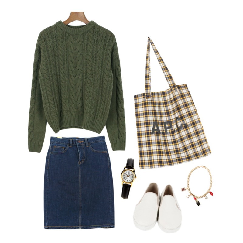 daily monday Color leather slip-on,YOU & ME 에스턴스커트,daily monday Twist wool knit[트위스트울니트,니트,울니트,겨울니트,꽈베기니트,컬러니트]등을 매치한 코디