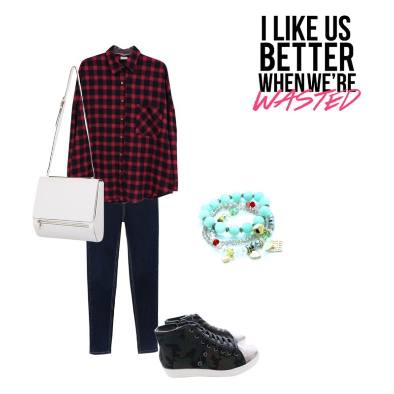 daily monday Deep blue high waist denim pants[하이웨이스트팬츠,데님팬츠,스키니진,데님스키니,스키니,청바지],Rough & Detail Mickey ray check,nb,Rough & Detail elsa military, shoes등을 매치한 코디
