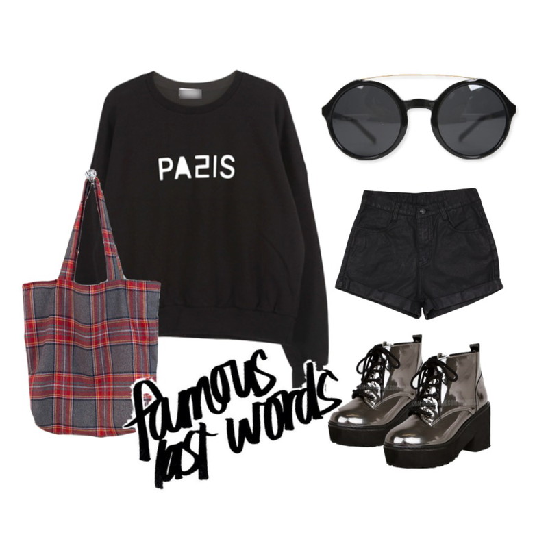 YOU & ME 141 retro sunglass,BROWNBUNNY check bag,YOU & ME 파리맨투맨등을 매치한 코디