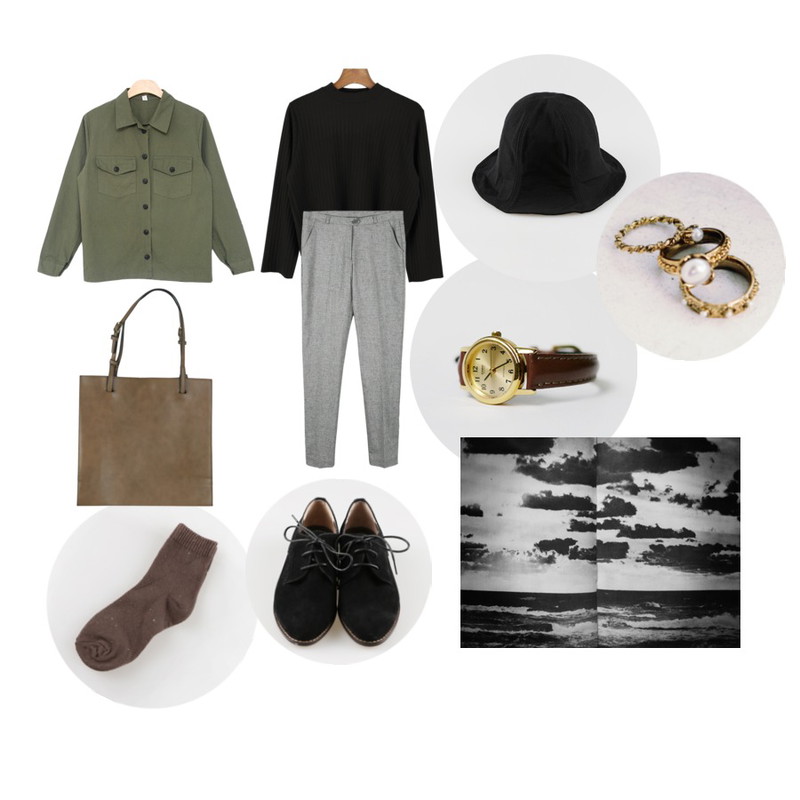 daily monday Autumn rounding bucket-hat[버킷햇,가을,여자버킷햇,벙거지,여자벙거지],daily monday Brown Leather Watch,daily monday Deep color bocaci socks[딥컬러보카시삭스,양말,삭스,보카시양말]등을 매치한 코디