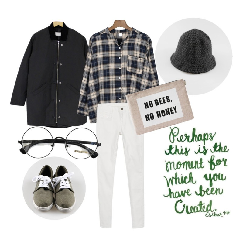 daily monday 6 color 2 string sneakers[6컬러2스트링스니커즈,운동화,스니커즈,단화,기본로퍼],daily monday Knit bucket-hat[니트버킷햇,벙거지,니트벙거지,니트모자,모자,버킷햇],Rough & Detail china bound, padding등을 매치한 코디