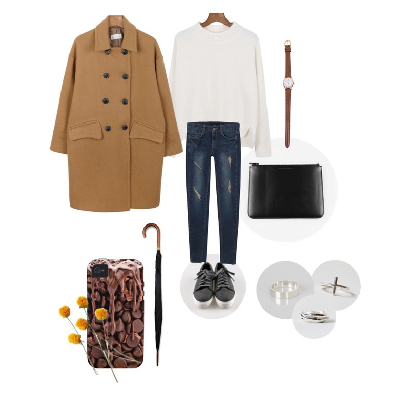 daily monday Real leather mini-clutch[클러치,미니백,가방,소가죽,가죽가방],daily monday Woolen sneakers[스니커즈,기본운동화],daily monday Main angora knit[앙고라니트,앙고라,니트]등을 매치한 코디