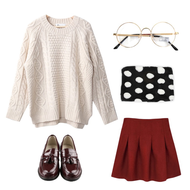 Rough & Detail woolen line high, sk,Prost J 꽈배기 니트 (2colors),Rough & Detail circle gold, glasses등을 매치한 코디