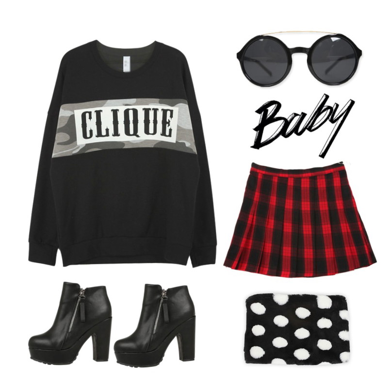 YOU & ME 141 retro sunglass,YOU & ME 에딘주름치마,YOU & ME 쿠션맨투맨등을 매치한 코디