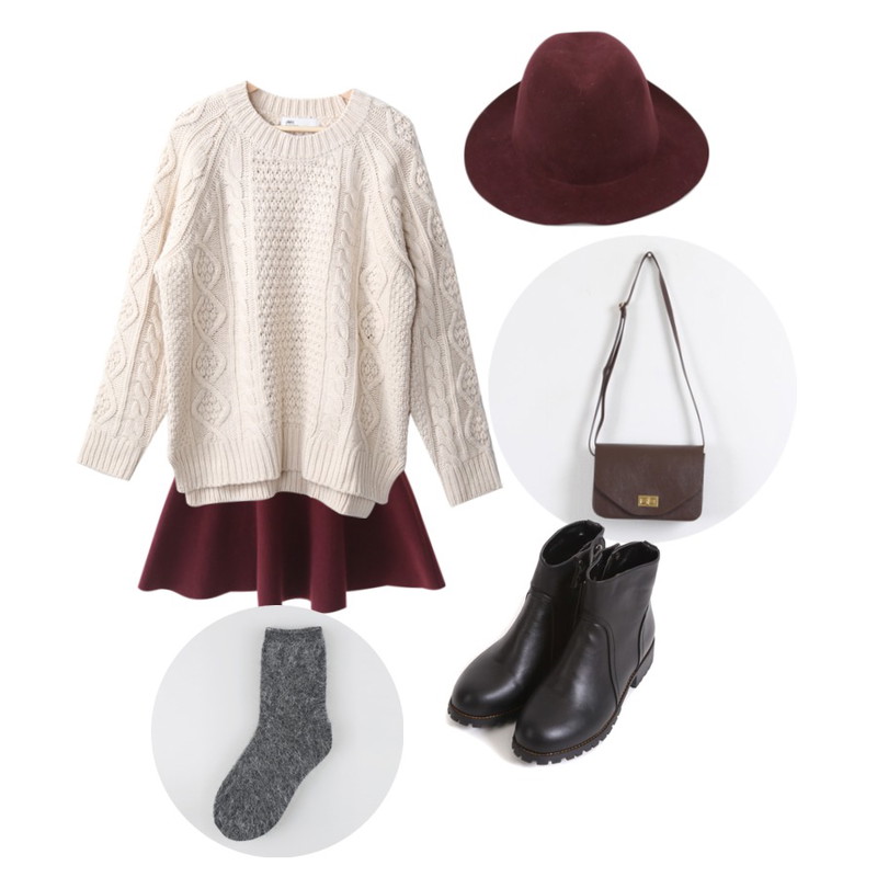 daily monday Many color fedora,Rough & Detail knit flared high waist, sk,Prost J 꽈배기 니트 (2colors)등을 매치한 코디