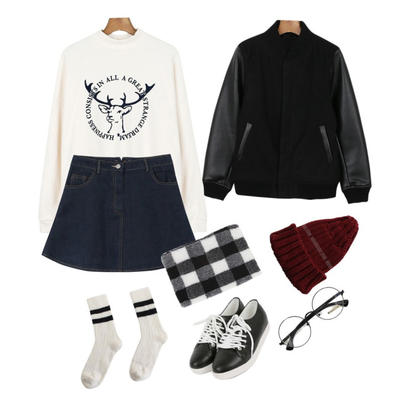 daily monday Denim standard skirt[스커트,데님스커트,데님,A라인스커트,플레어스커트],daily monday Over-fit stadium jumper[점퍼,스타디움점퍼],daily monday Deer dream man to man[상의,탑,맨투맨,티,기모,사슴]등을 매치한 코디