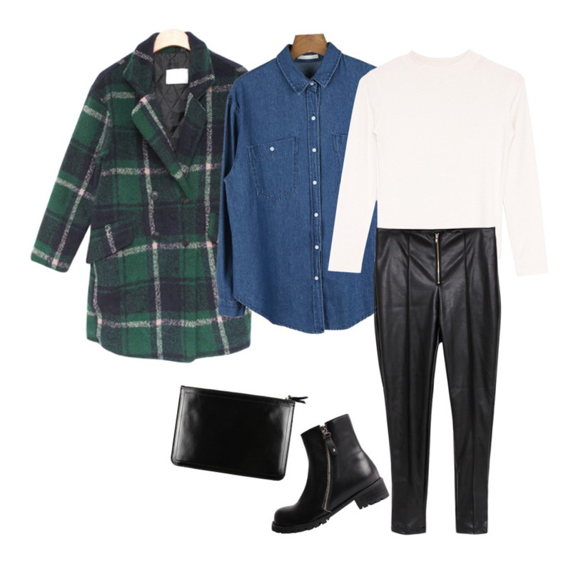 daily monday Natural denim pocket shirts,MIND ME 체키드  [coat] ,biznshoe Neat silhouette tee (2color)등을 매치한 코디