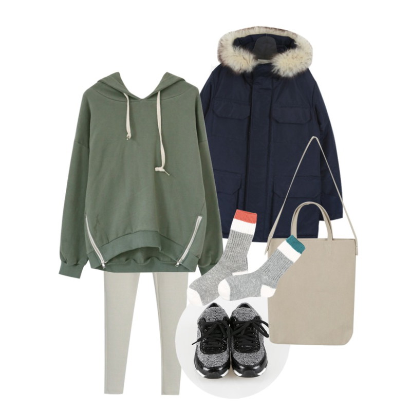Rough & Detail modern color, leggings,BY YOU&ME 하우스패딩,Rough & Detail side zipper hood napping, t등을 매치한 코디