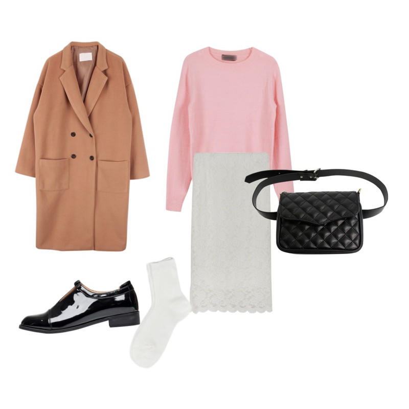 daily monday flower garden lace skirt[레이스,스커트,미디스커트,미디기장,플라워,자수],BY YOU&ME 마카롱니트,biznshoe Simple wool long coat (2color)등을 매치한 코디