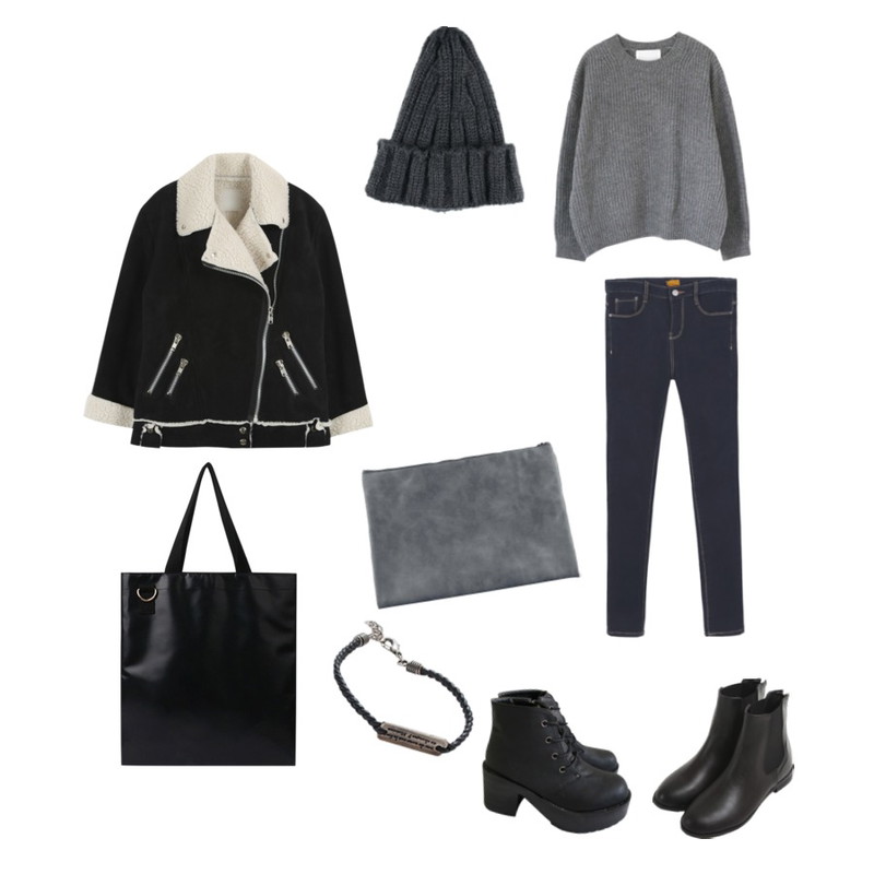 BY YOU&ME 모노무스탕,Rough & Detail stella round, knit,daily monday Best basic skinny[데님팬츠,데님,팬츠,스키니,데님스키니]등을 매치한 코디