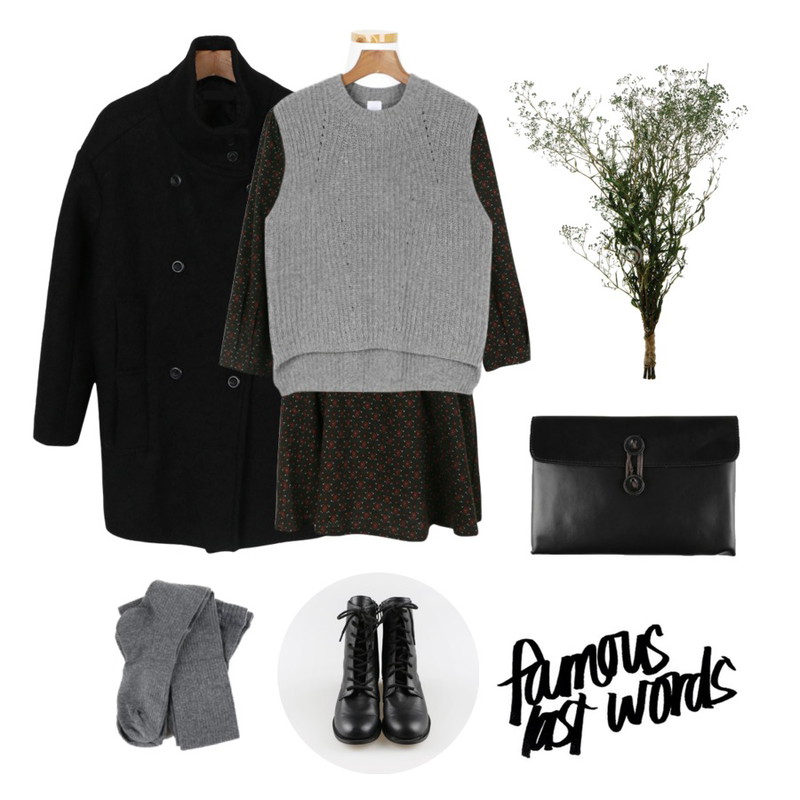 white flower,daily monday French double half coat[코트,하프코트,반코트],daily monday China flower one-piece[플라워원피스,원피스,드레스]등을 매치한 코디