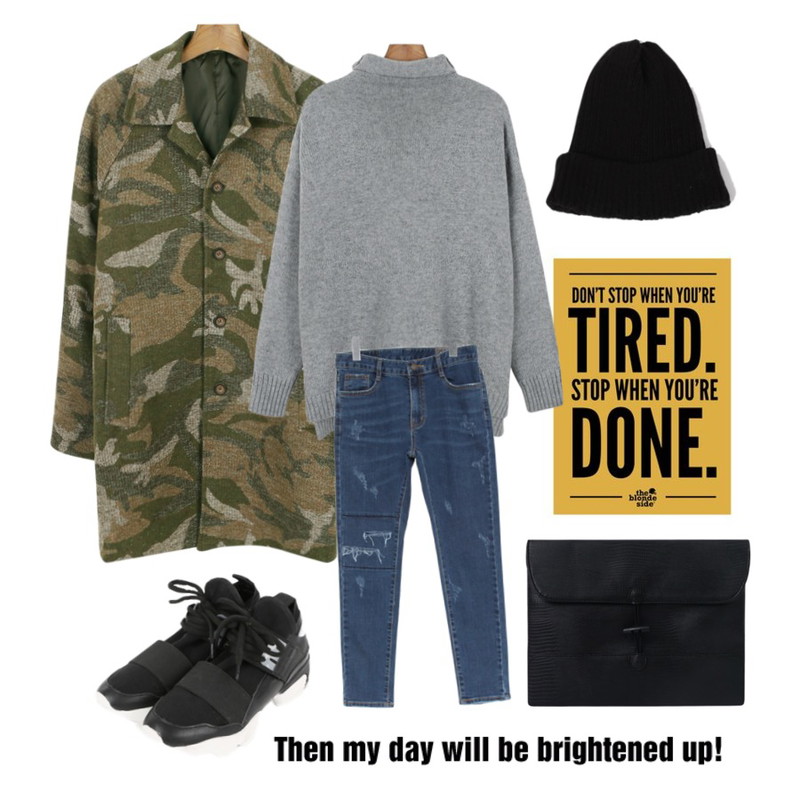 yellow poster,daily monday Camo raglan coat[카모레글런코트,카모,카모코트,카모아우터,나그랑코트,레글런],daily monday Natural turtleneck knit[네츄럴터들넥니트,터들니트,폴라니트,폴라티,니트,롱니트,원피스니트]등을 매치한 코디