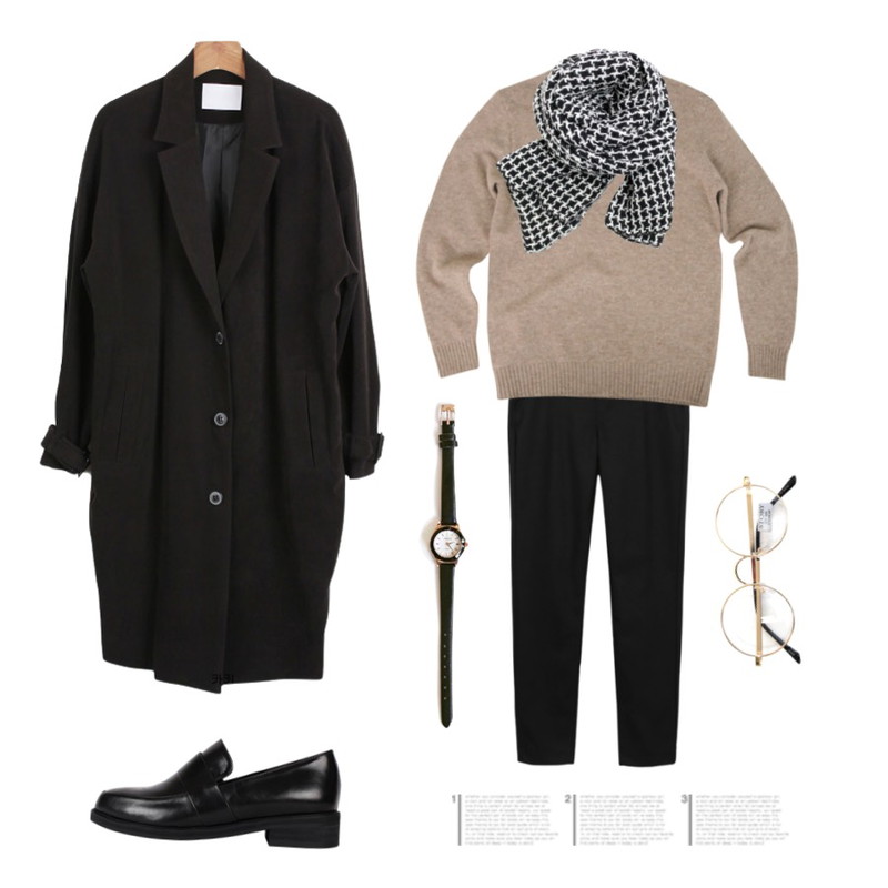 SALON DE BYME LAMSWOOL KNIT ( 6COLORS ) 루즈핏이에요 램스울 90%,Rough & Detail circle gold, glasses,daily monday Winter basic slim slacks[윈터베이직슬림슬랙스,슬림핏슬랙스,슬랙스,기본슬랙스,겨울슬랙스,기모슬랙스]등을 매치한 코디