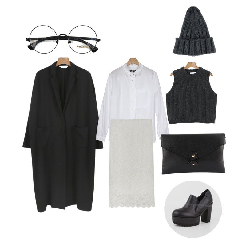daily monday flower garden lace skirt[레이스,스커트,미디스커트,미디기장,플라워,자수],daily monday Perfect season coat[퍼펙트시즌코트,롱코트,코트,가을코트,바바리,롱자켓,폴리코트],Prost J 포켓 셔츠 (2colors)등을 매치한 코디