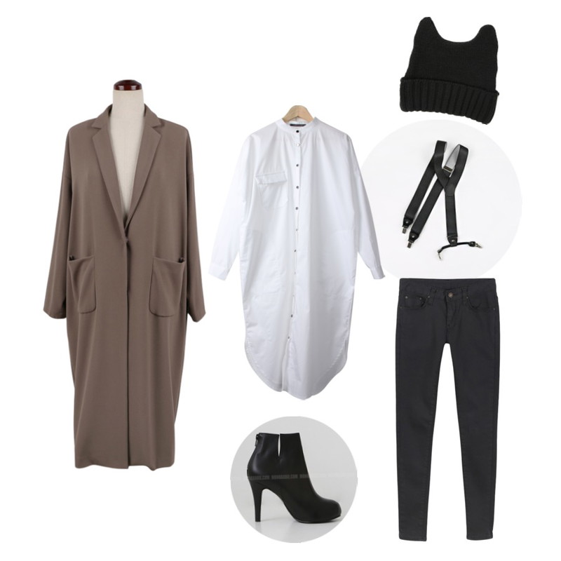 걸즈비 데빌비니,daily monday Dot suspenders[멜빵,도트멜빵,,벨트],daily monday Perfect season coat[퍼펙트시즌코트,롱코트,코트,가을코트,바바리,롱자켓,폴리코트]등을 매치한 코디