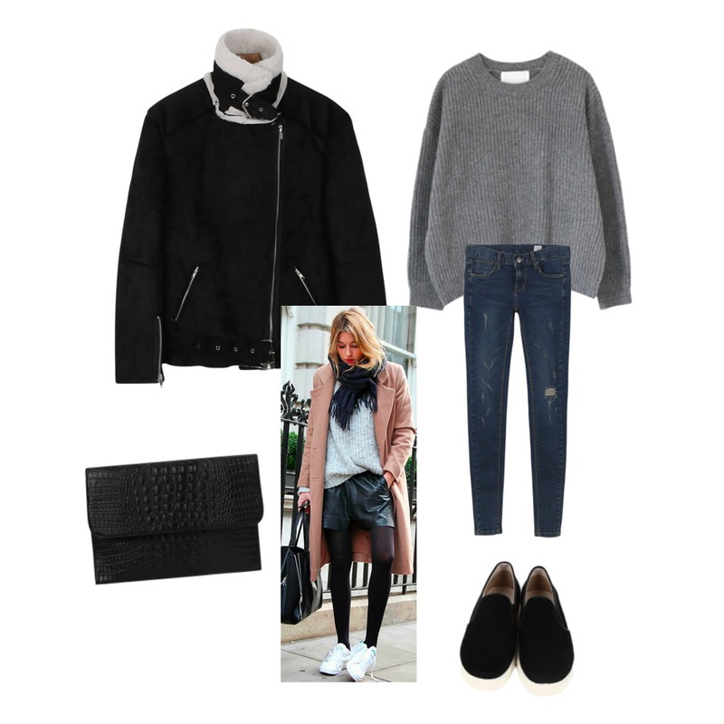 daily monday Leg line vintage skinny[빈티지,스키니,데님,팬츠,바지,디스트로이드진,헤짐,스크래치팬츠],daily monday Beginnig winter mustang[무스탕],Rough & Detail stella round, knit등을 매치한 코디