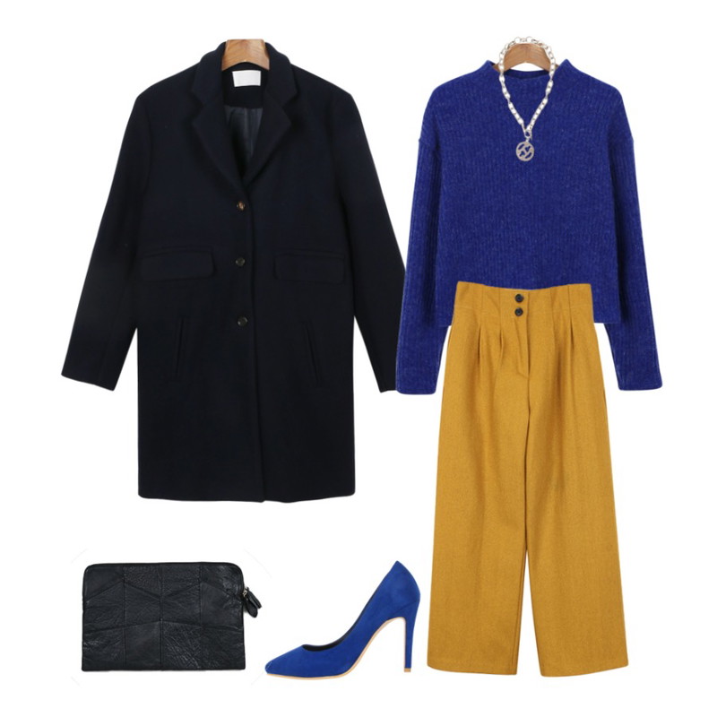 daily monday Down half-neck knit[하프넥니트,니트],biznshoe Classic wool pants (3color),daily monday Touched woolen classy coat[울코트,코트,아우터,모직코트,아우터]등을 매치한 코디