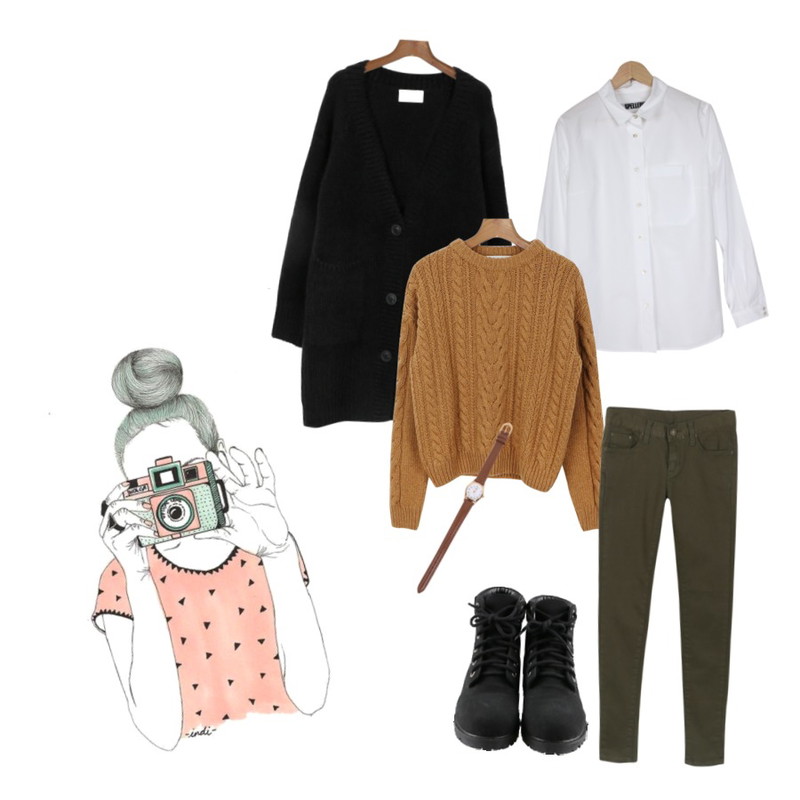Prost J 포켓 셔츠 (2colors),daily monday Twist wool knit[트위스트울니트,니트,울니트,겨울니트,꽈베기니트,컬러니트],daily monday Knit long cardigan[롱가디건,가디건,니트]등을 매치한 코디