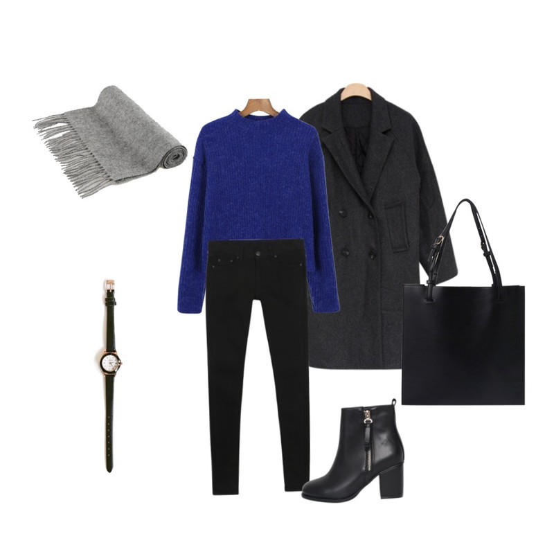 daily monday Down half-neck knit[하프넥니트,니트],daily monday Meet all day pants[팬츠,스키니,크림팬츠,블랙팬츠,블랙스키니,기모팬츠,기모바지,기모],MIND ME Mono coat (2color) 두툼한소재!너무이뻐요:)  [coat] 등을 매치한 코디