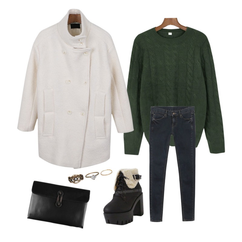 daily monday French double half coat[코트,하프코트,반코트],daily monday Twist basic knit[베이직,트위스트,꽈배기,니트],daily monday Wrinkle deep blue skinny[스키니,팬츠,딥블루,진청,청바지,데님]등을 매치한 코디