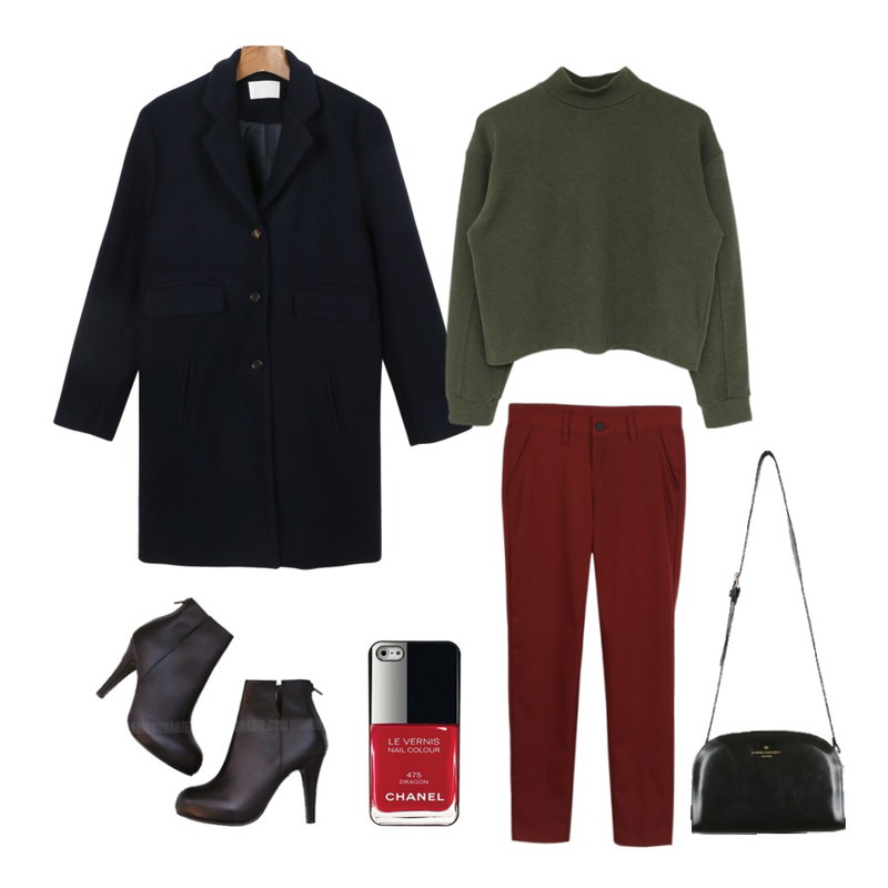 daily monday Winter basic slim slacks[윈터베이직슬림슬랙스,슬림핏슬랙스,슬랙스,기본슬랙스,겨울슬랙스,기모슬랙스],biznshoe Half pola knit (3color),daily monday Touched woolen classy coat[울코트,코트,아우터,모직코트,아우터]등을 매치한 코디