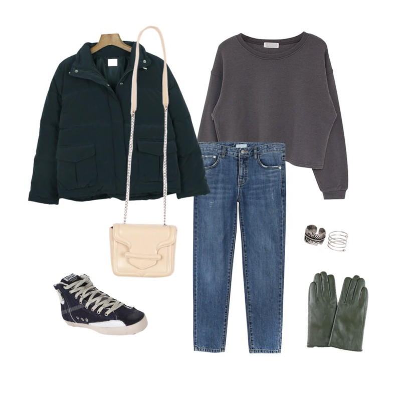 daily monday Cover straight denim pants[보이핏,스트레이트,청바지,데님],biznshoe Simple man-to-man (2color),daily monday Real goose padding jumper[리얼구스패딩점퍼,점퍼,거위털점퍼,구스다운,구스다운점퍼,패딩]등을 매치한 코디
