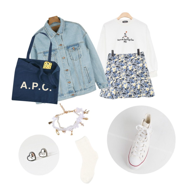 daily monday Warehouse denim jacket,MIND ME 랩소디 (2color)[Skirt]밑단이 플레어지는머메드라인 꽃패턴 스커트,MIND ME 농구걸  [tee] 등을 매치한 코디