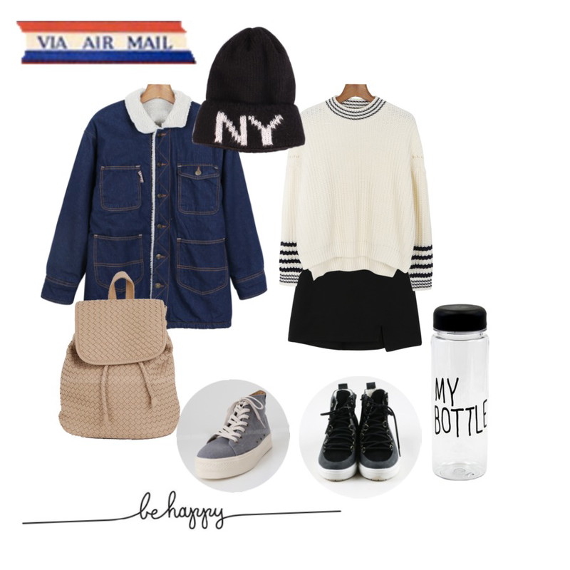 daily monday Mild unbalance skirt[언발란스스커트,스커트,치마],daily monday 4-Stripe coloration knit[니트,배색니트,스트라이프,단가라,탑,언발란스],daily monday Unique lambs denim jacket등을 매치한 코디