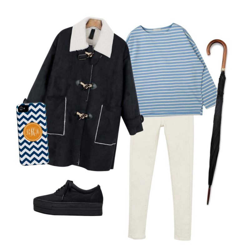 SALON DE BYME Boxy stripe top ( 8 colors !),daily monday Mustang duffle coat[무스탕,더플코트,떡볶이코트,무스탕코트,코트],daily monday Winter color skinny pants등을 매치한 코디