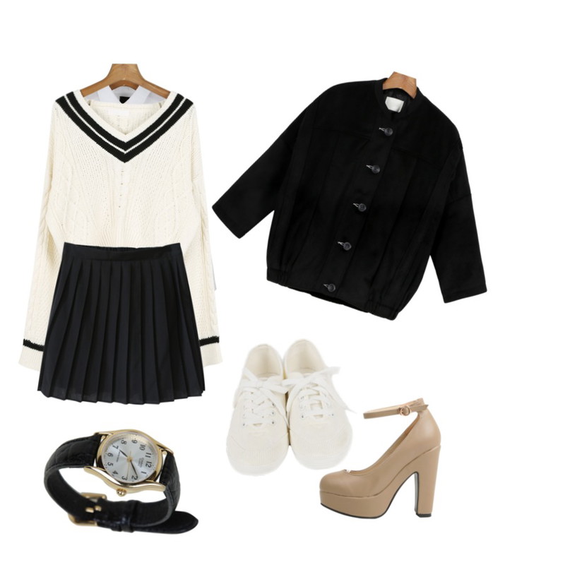 daily monday Slim gauze shirts,daily monday V-neck over kint[브이넥니트,여자니트,여자스웨터,가을니트,오버핏],daily monday Pleats line turtle jumper[점퍼,아우터,누빔점퍼,누빔,스웨이드점퍼,쎄무점퍼]등을 매치한 코디
