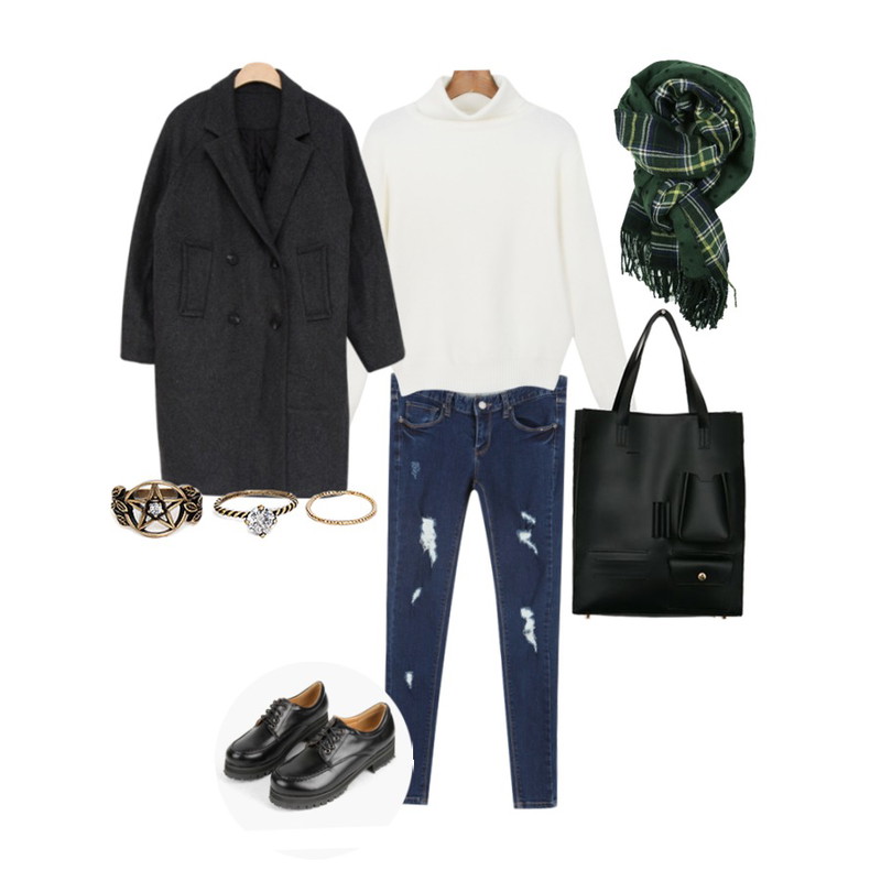Rough & Detail deep blue damage skinny, pt,MIND ME 로버 (2color) [Shoes] [닥터마틴로퍼,호킨스로퍼,검정로퍼],daily monday Soft smooth turtle neck knit[터틀넥,니트,하이넥,골지니트,목폴라니트,목폴라]등을 매치한 코디