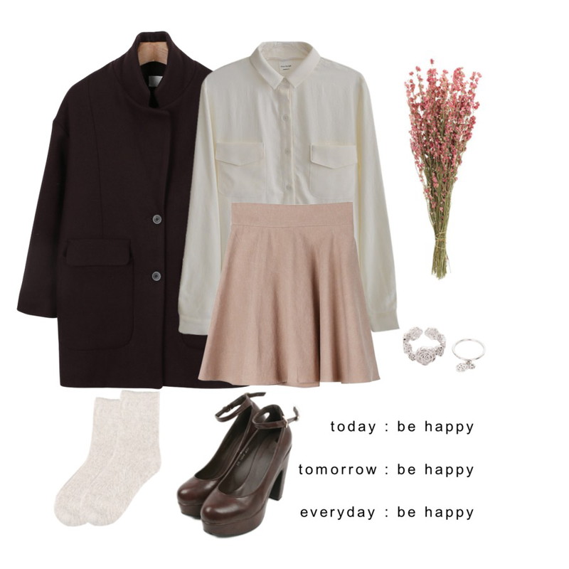 daily monday Party time flare skirt[플레어,스커트,밴딩,치마,A라인],Rough & Detail edin chew, bl,daily monday Over-fit half coat[하프코트,반코트,코트]등을 매치한 코디