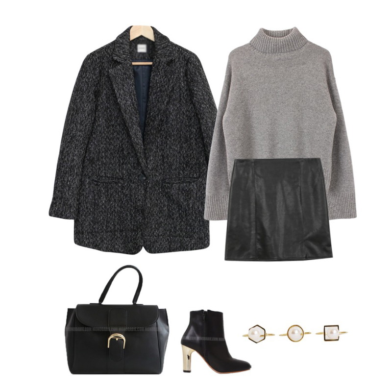daily monday Many color leather skirt[스커트,레더스커트,레더,치마,미니멀,숏스커트,H라인,가죽치마],biznshoe Basic wool turtle-neck (3color),SALON DE BYME 헤링본 메이드 ct ( 3 ~ 5일소요 )등을 매치한 코디